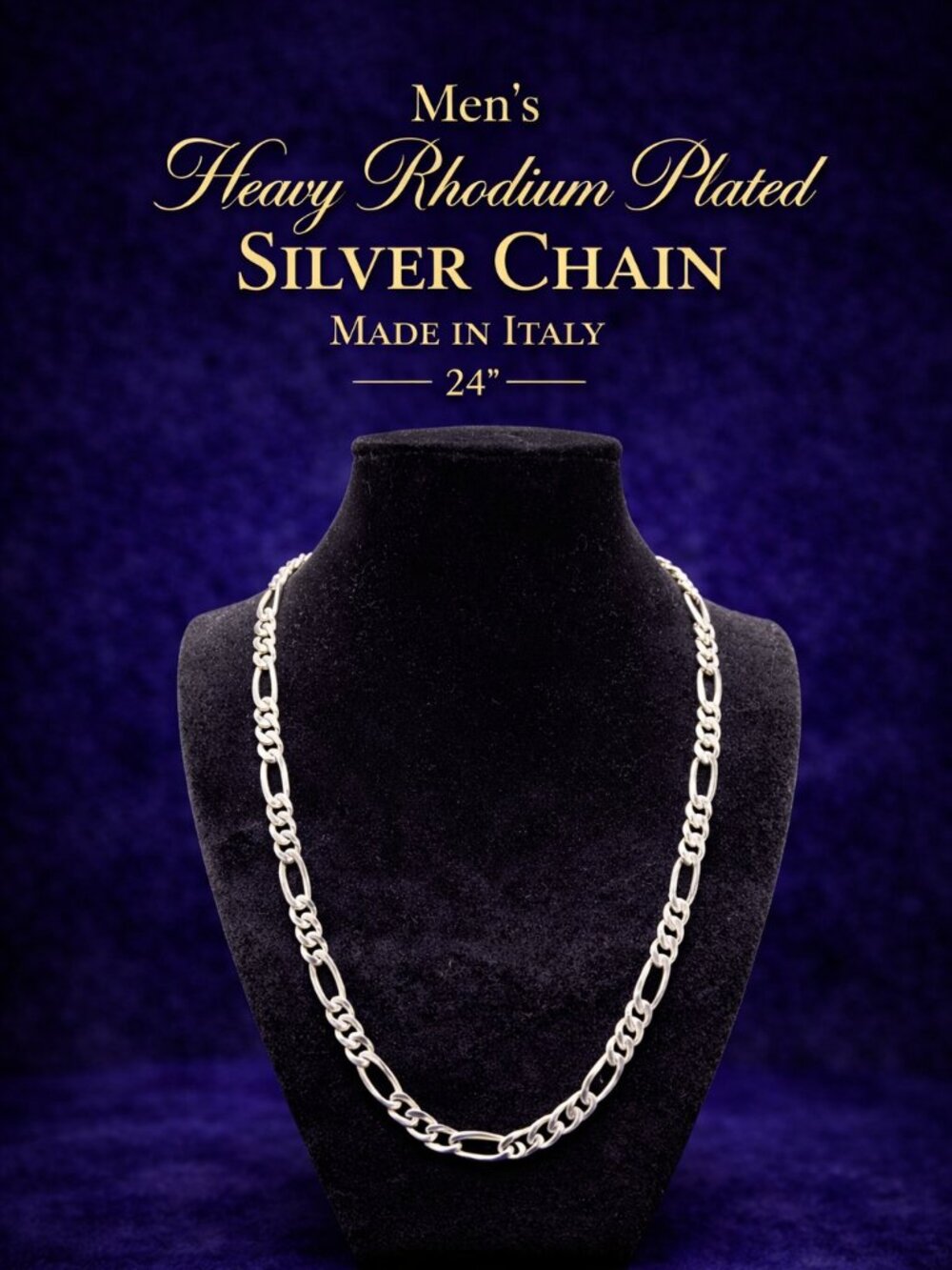 Heavy Rhodium Plated Silver Chain 24”, Men’s Figaro Chain Necklace, Italian